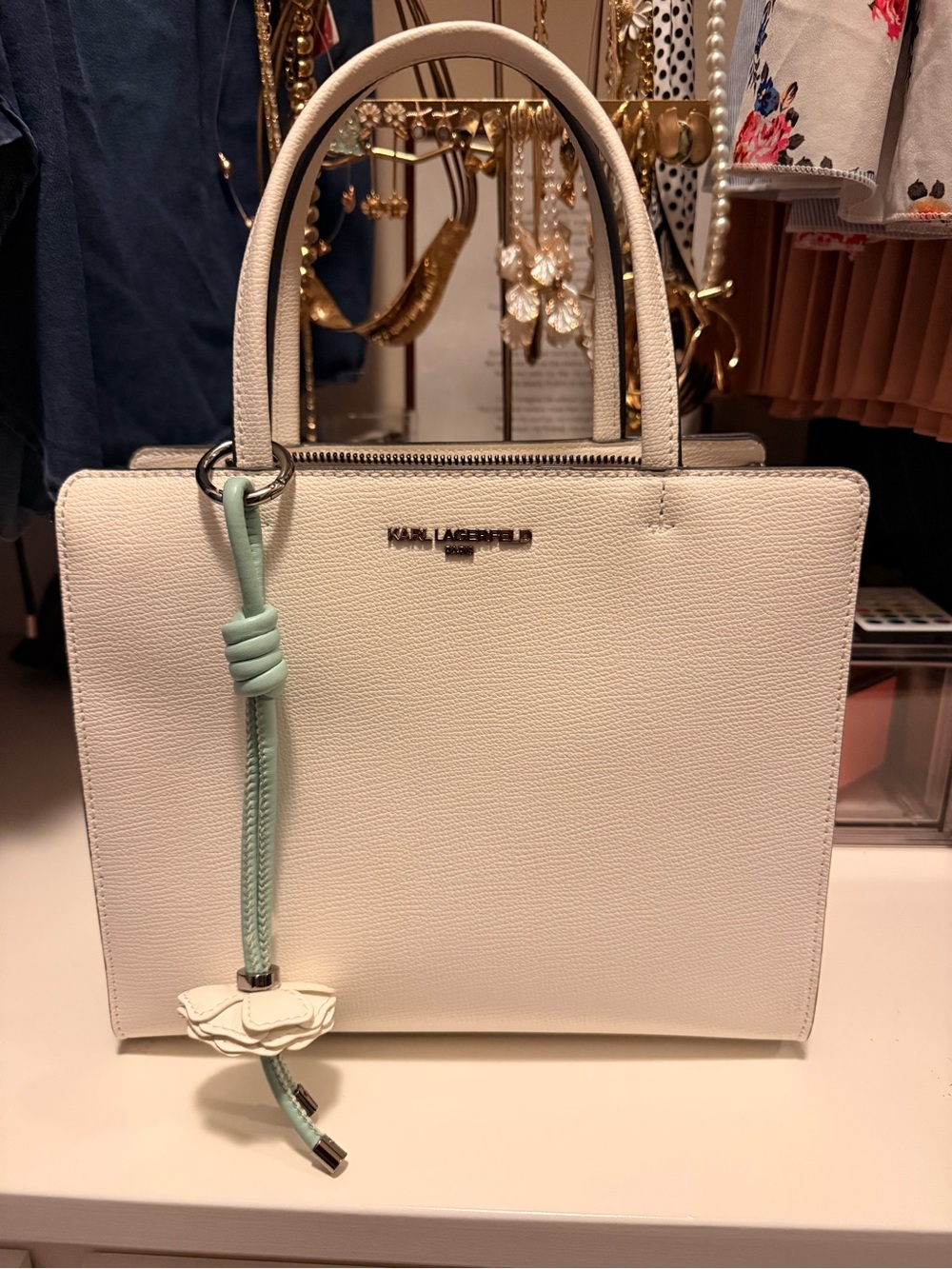 Karl Lagerfeld White Leather Satchel with Mint Cord Accent